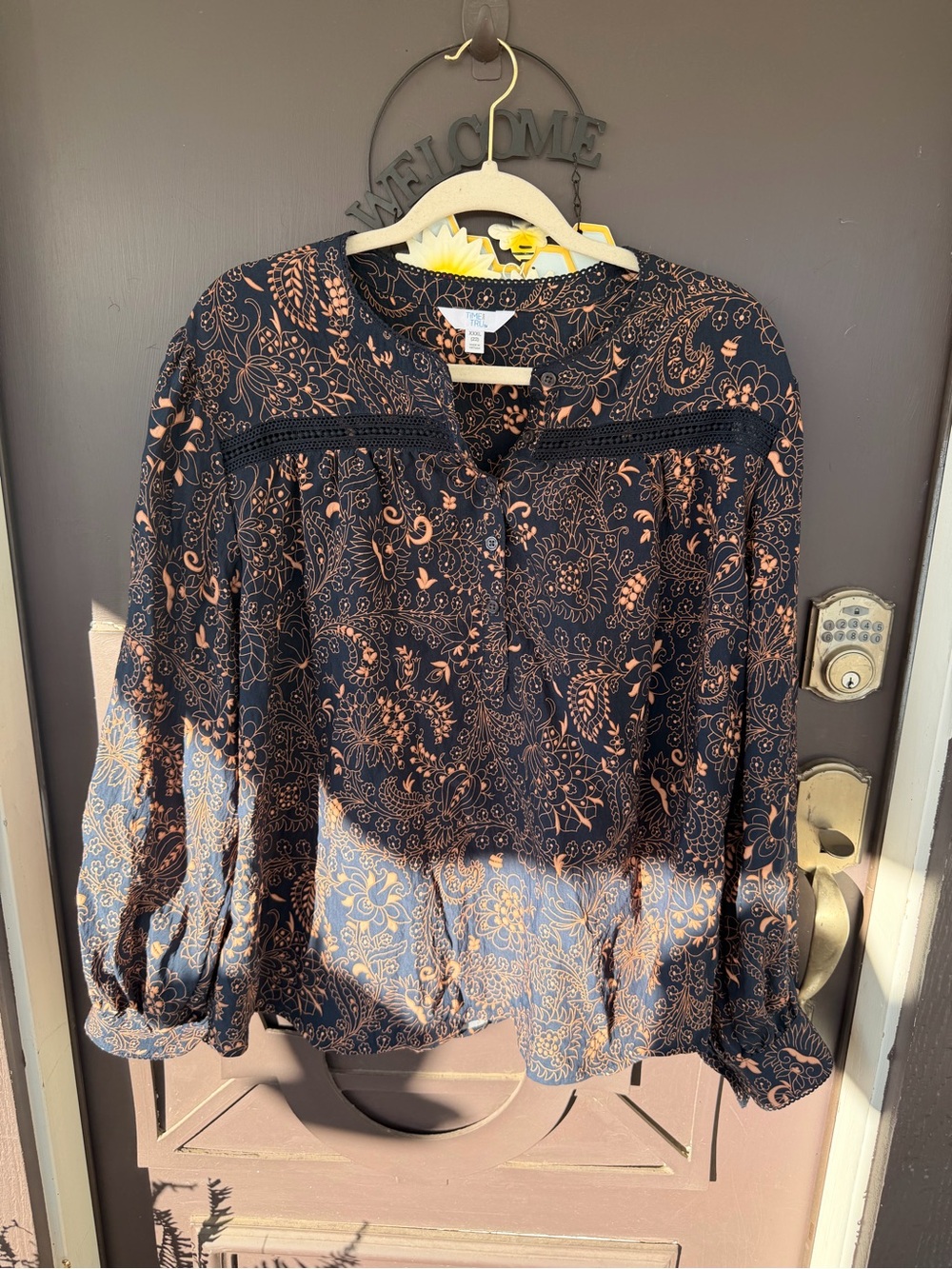 Time and Tru Black Blouse with Peach Floral Print
